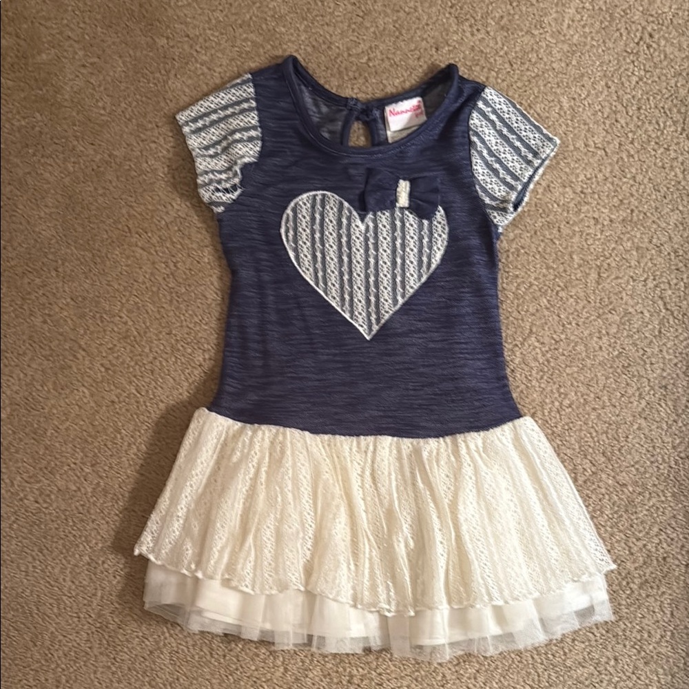 Nannette Blue and White Ruffled Tiered Dress with Lacy Cap Sleeves